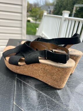 Clarks Black Leather Cork Wedge Slingback Sandals